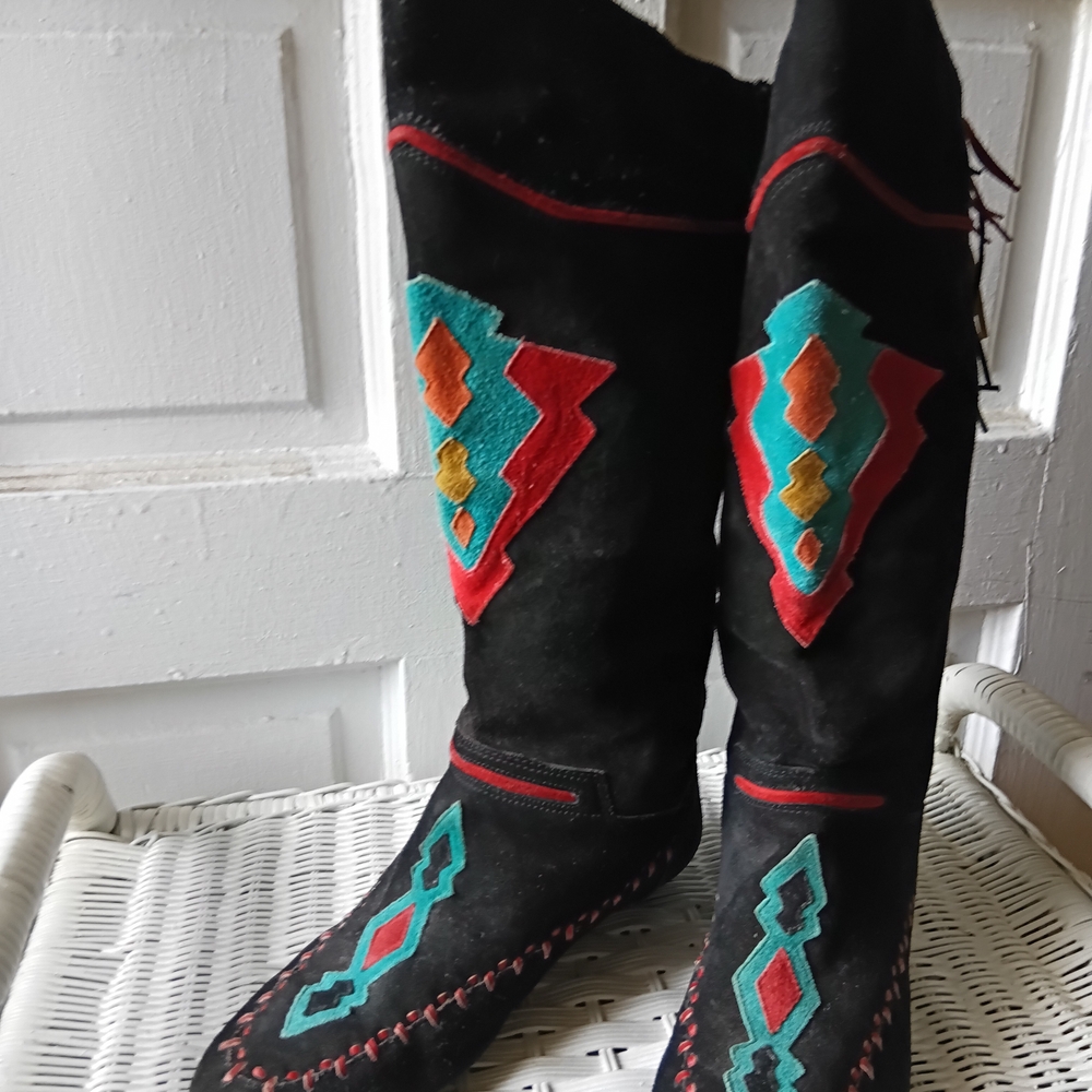 Black and Red Suede Moccasins With Bold Design